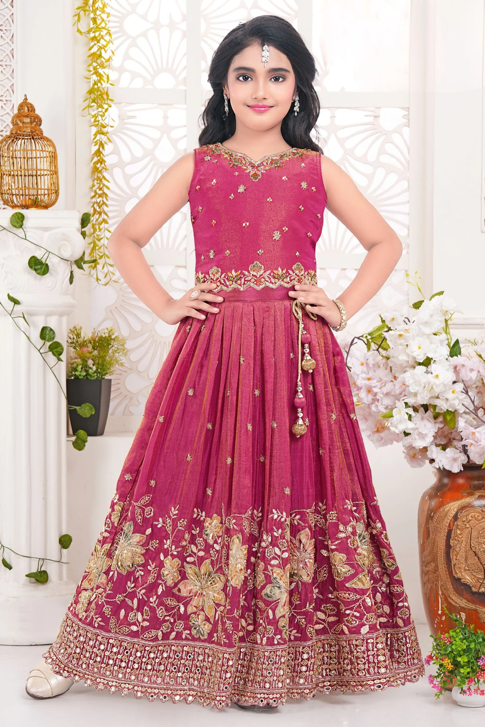 Rani Pink Sequins, Beads and Stone work with Floral Print Lehenga Choli